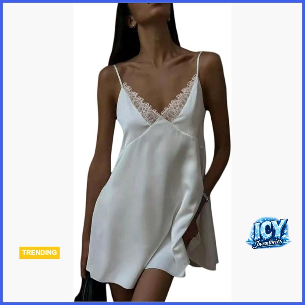 Satin Lace V-Neck Spaghetti Strap Tie Back Mini Dress